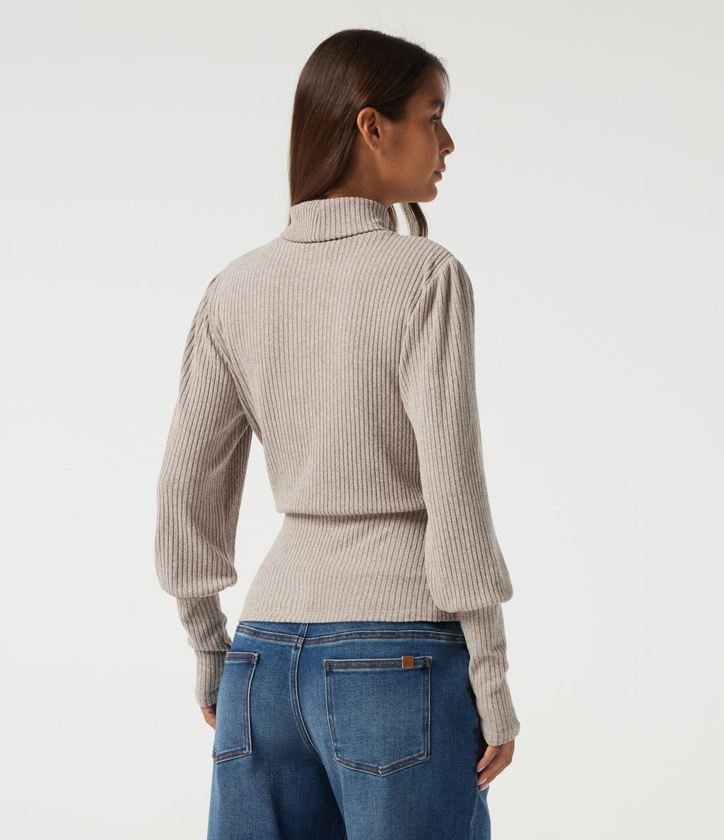 Ribbed Knit High Neck Puff Long Sleeve Ruched Casual Top — Smoked Olive — view 2