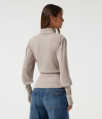 Ribbed Knit High Neck Puff Long Sleeve Ruched Casual Top — Smoked Olive — view 2