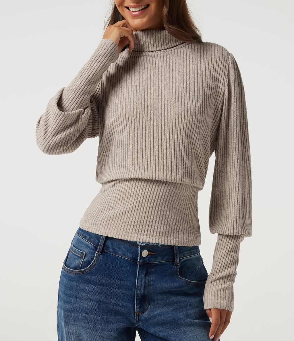 Ribbed Knit High Neck Puff Long Sleeve Ruched Casual Top — Smoked Olive — view 5