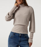 Ribbed Knit High Neck Puff Long Sleeve Ruched Casual Top — Smoked Olive — view 5