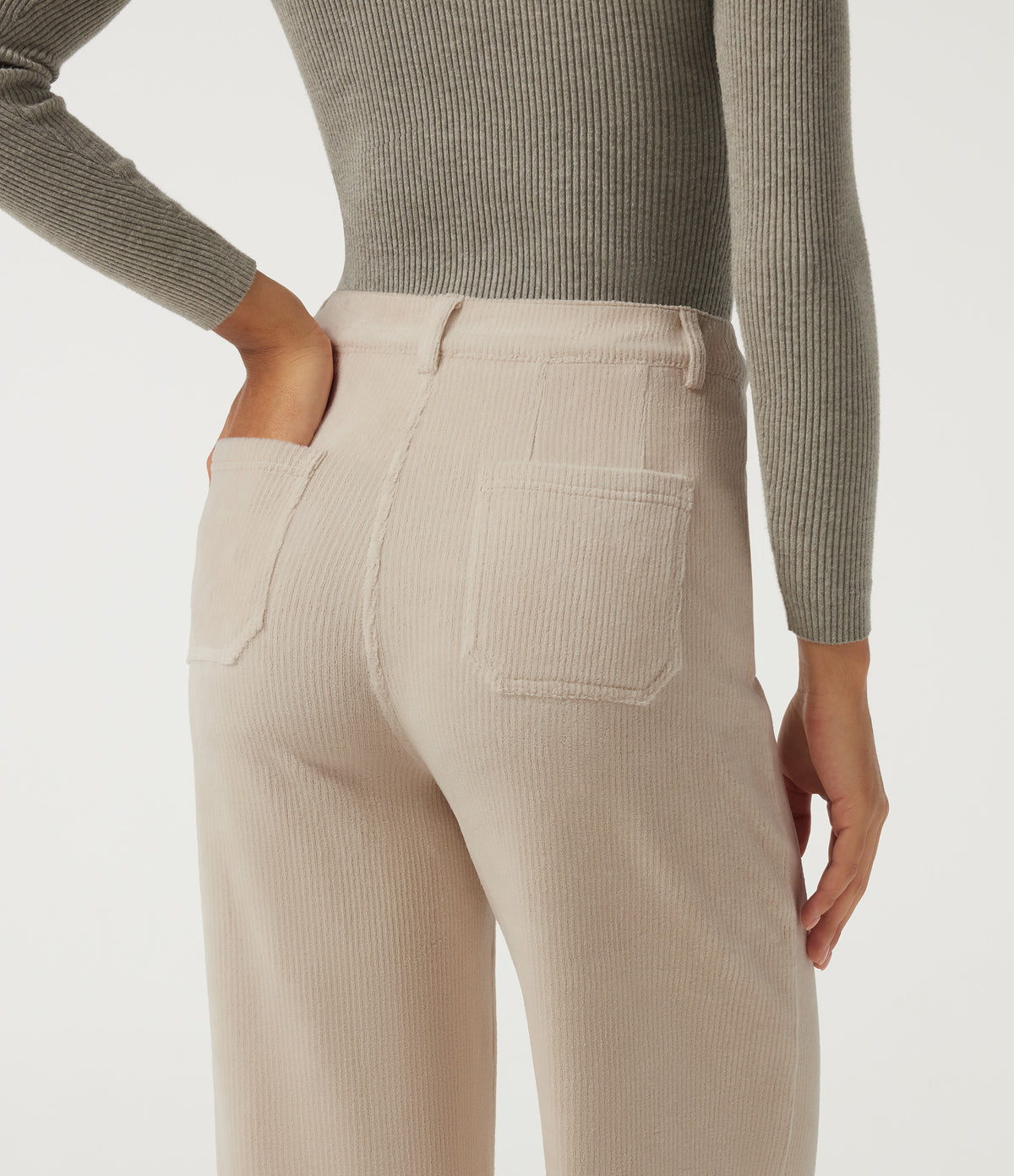 High Waisted Tummy Control Wide Leg Corduroy Casual Trousers with Pockets — Creamsicle — view 6