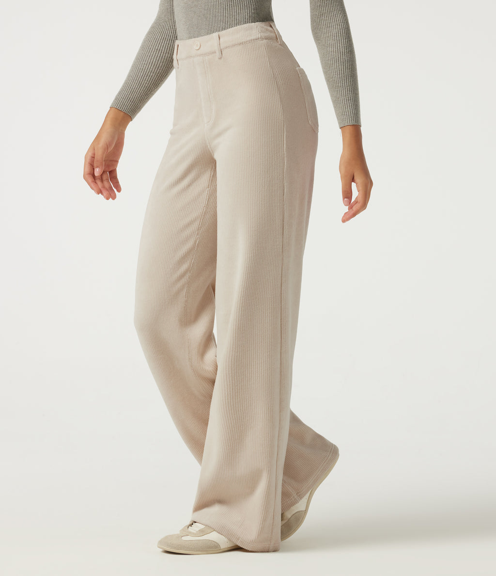 High Waisted Tummy Control Wide Leg Corduroy Casual Trousers with Pockets — Creamsicle — view 1
