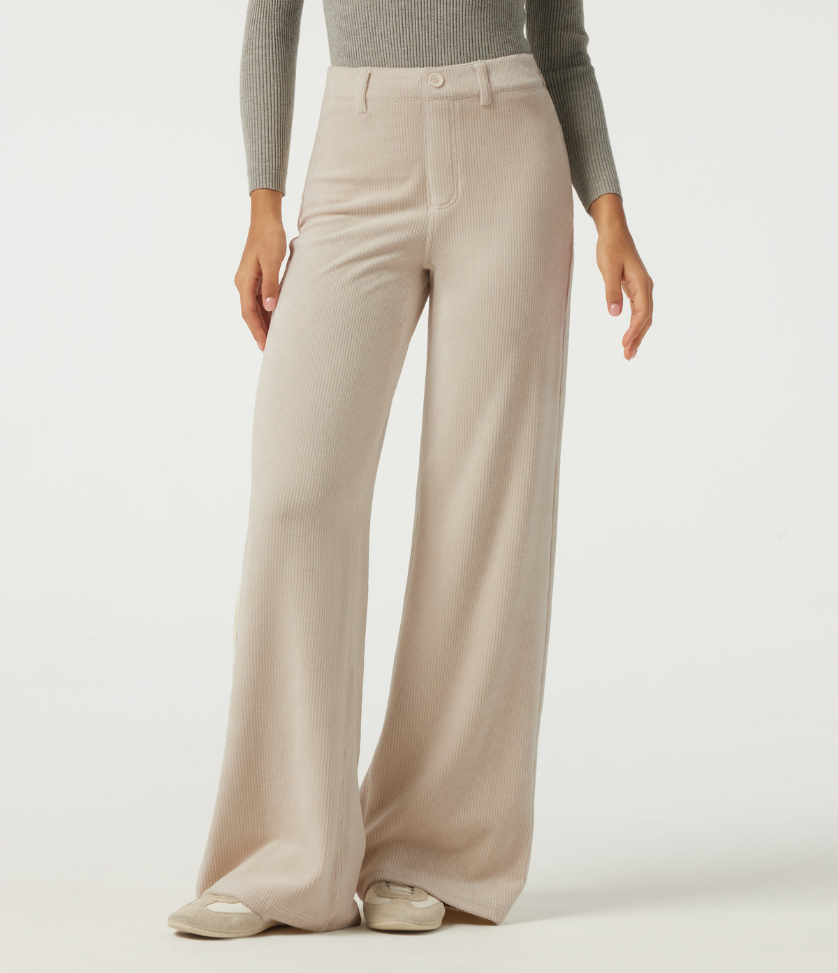 High Waisted Tummy Control Wide Leg Corduroy Casual Trousers with Pockets — Creamsicle — view 3