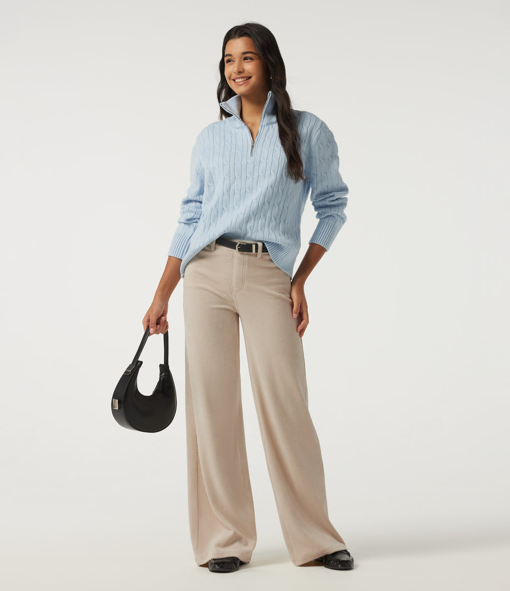 High Waisted Tummy Control Wide Leg Corduroy Casual Trousers with Pockets — Creamsicle — view 4