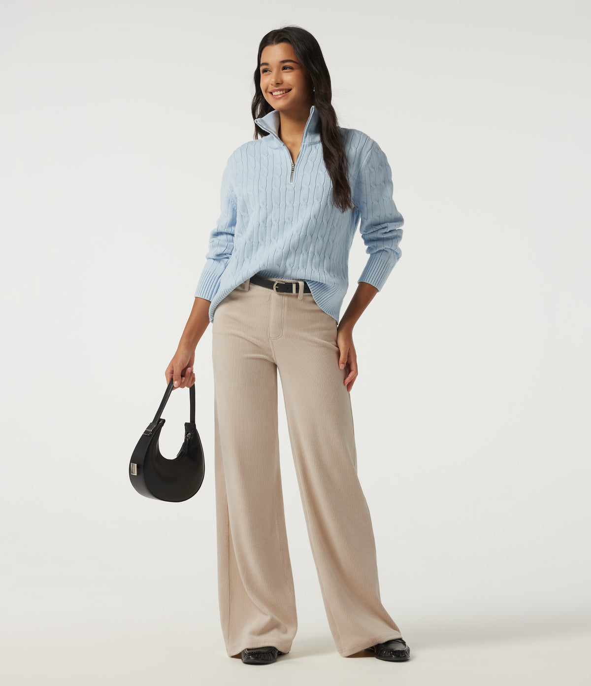 High Waisted Tummy Control Wide Leg Corduroy Casual Trousers with Pockets — Creamsicle — view 4