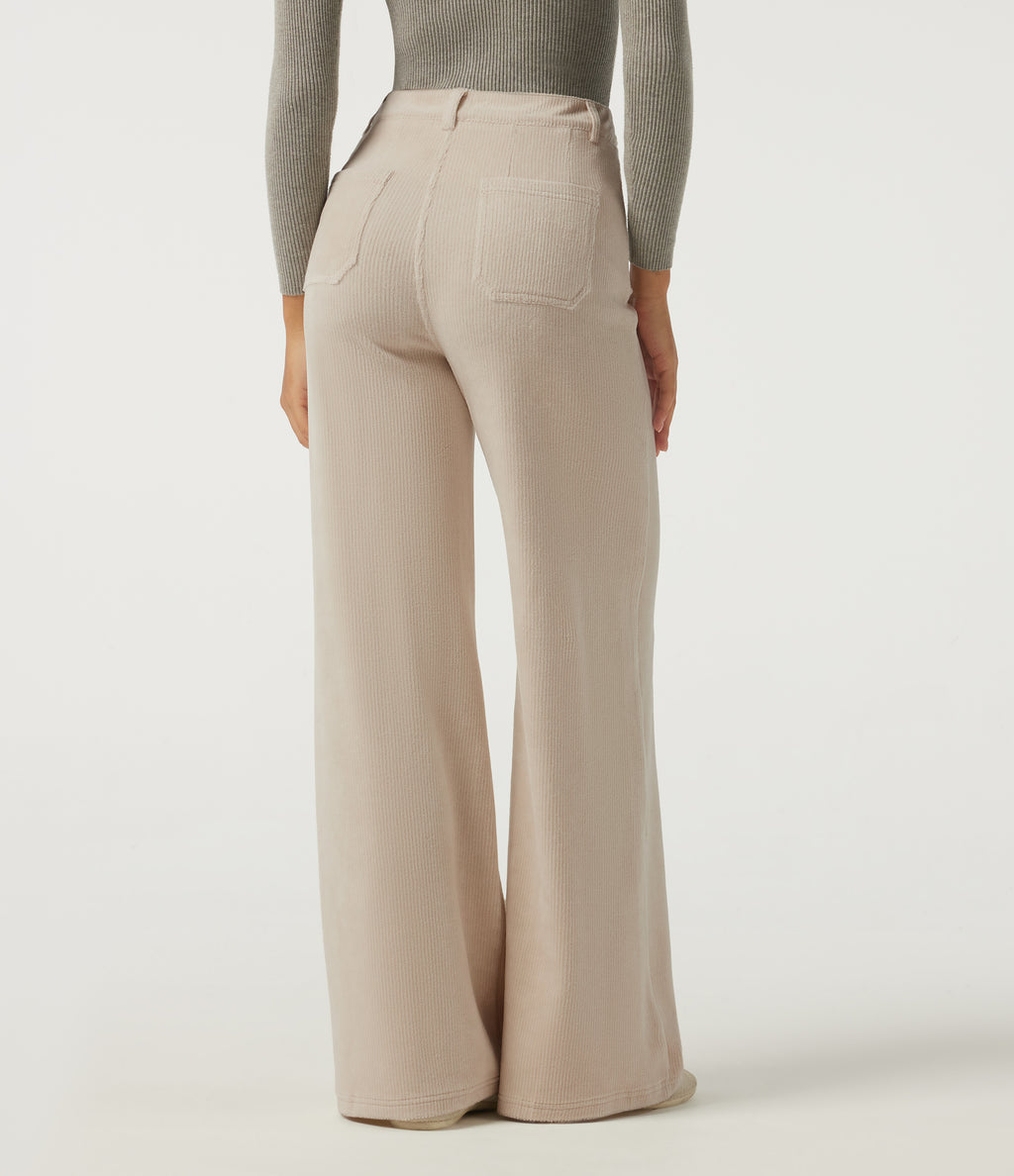 High Waisted Tummy Control Wide Leg Corduroy Casual Trousers with Pockets — Creamsicle — view 2