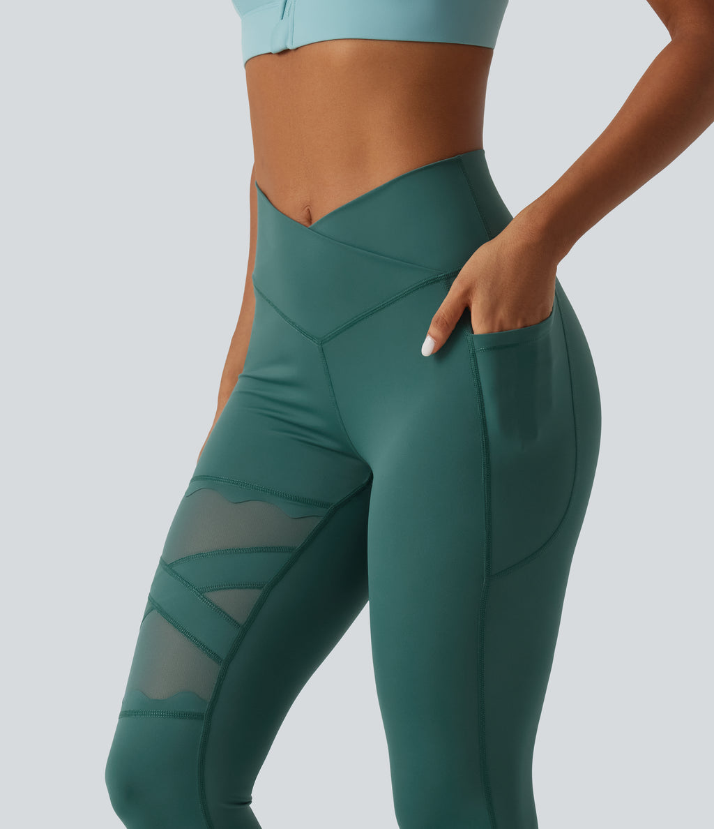 Speedwave Air High Waisted Crossover Contrast Mesh Running Leggings with Pockets — Viridian — view 4