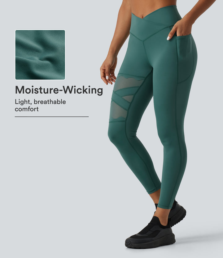 Speedwave Air High Waisted Crossover Contrast Mesh Running Leggings with Pockets — Viridian — view 1