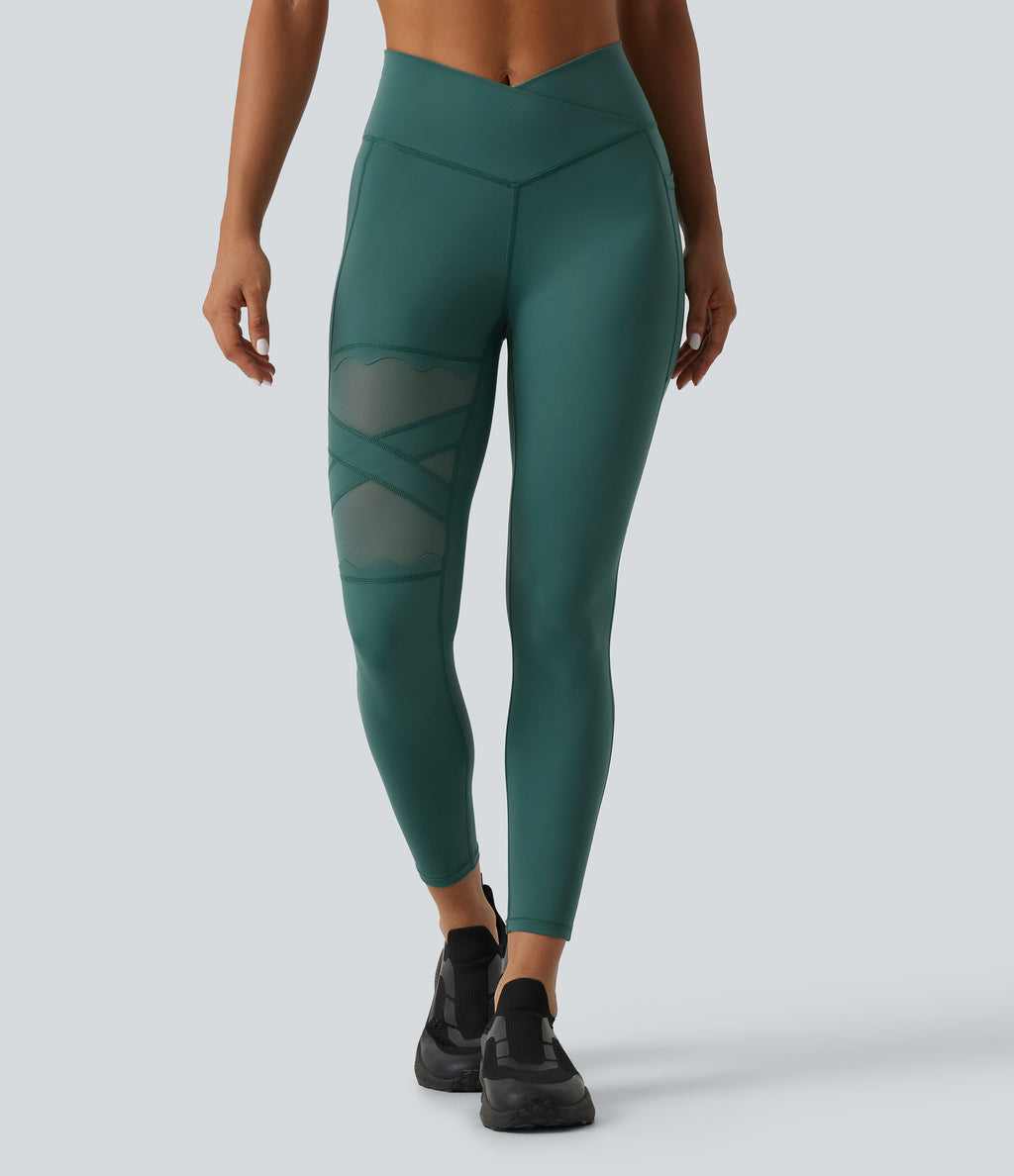 Speedwave Air High Waisted Crossover Contrast Mesh Running Leggings with Pockets — Viridian — view 3