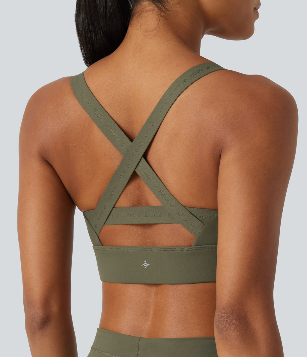 Medium Support U-Neck Built-in Bra Quick dry Running Sports Bra — Grass Grey Green — view 6