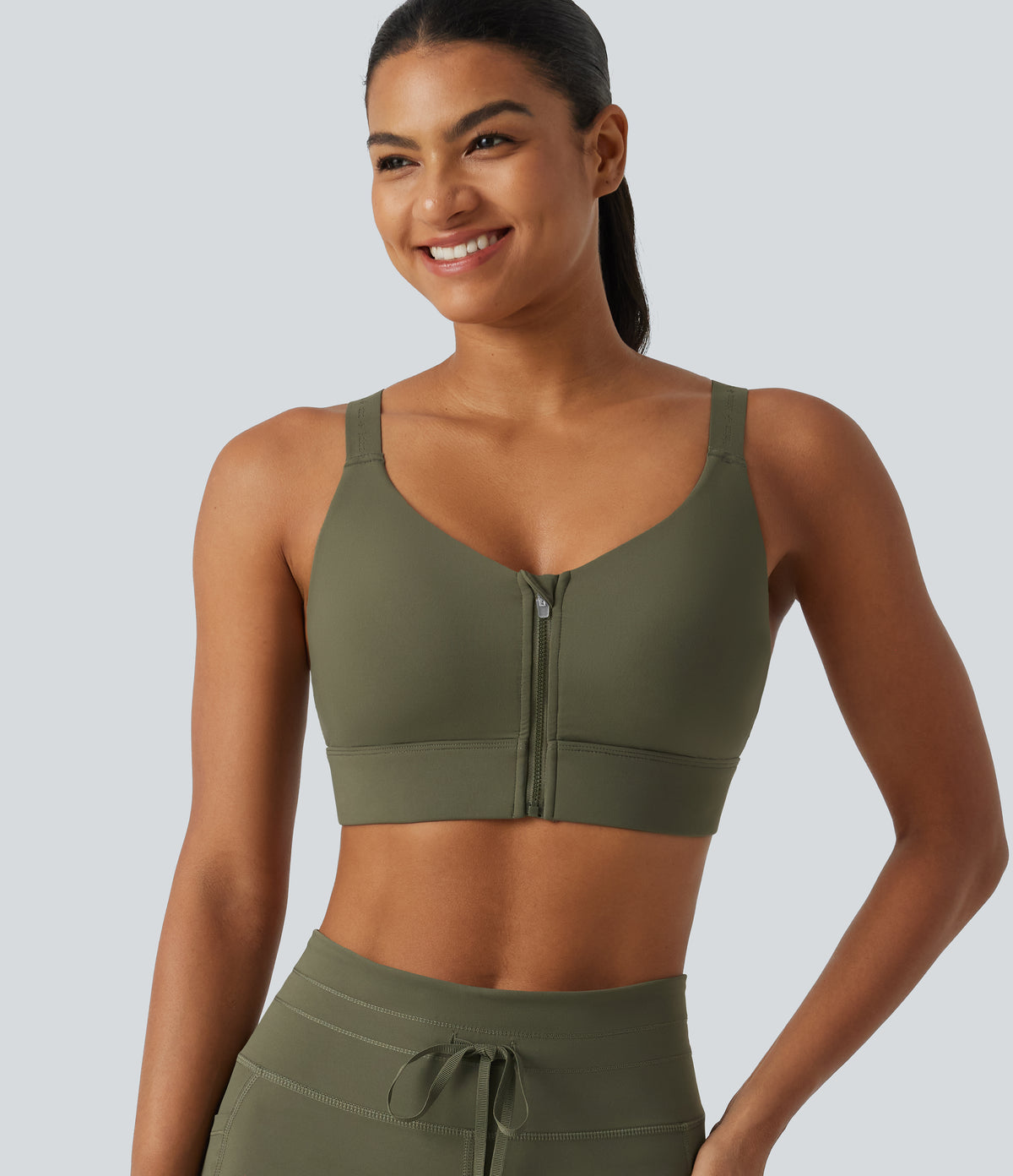 Medium Support U-Neck Built-in Bra Quick dry Running Sports Bra — Grass Grey Green — view 5