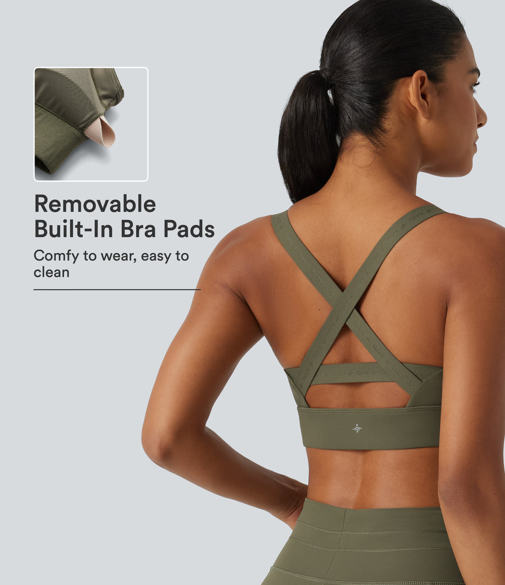 Medium Support U-Neck Built-in Bra Quick dry Running Sports Bra — Grass Grey Green — view 1