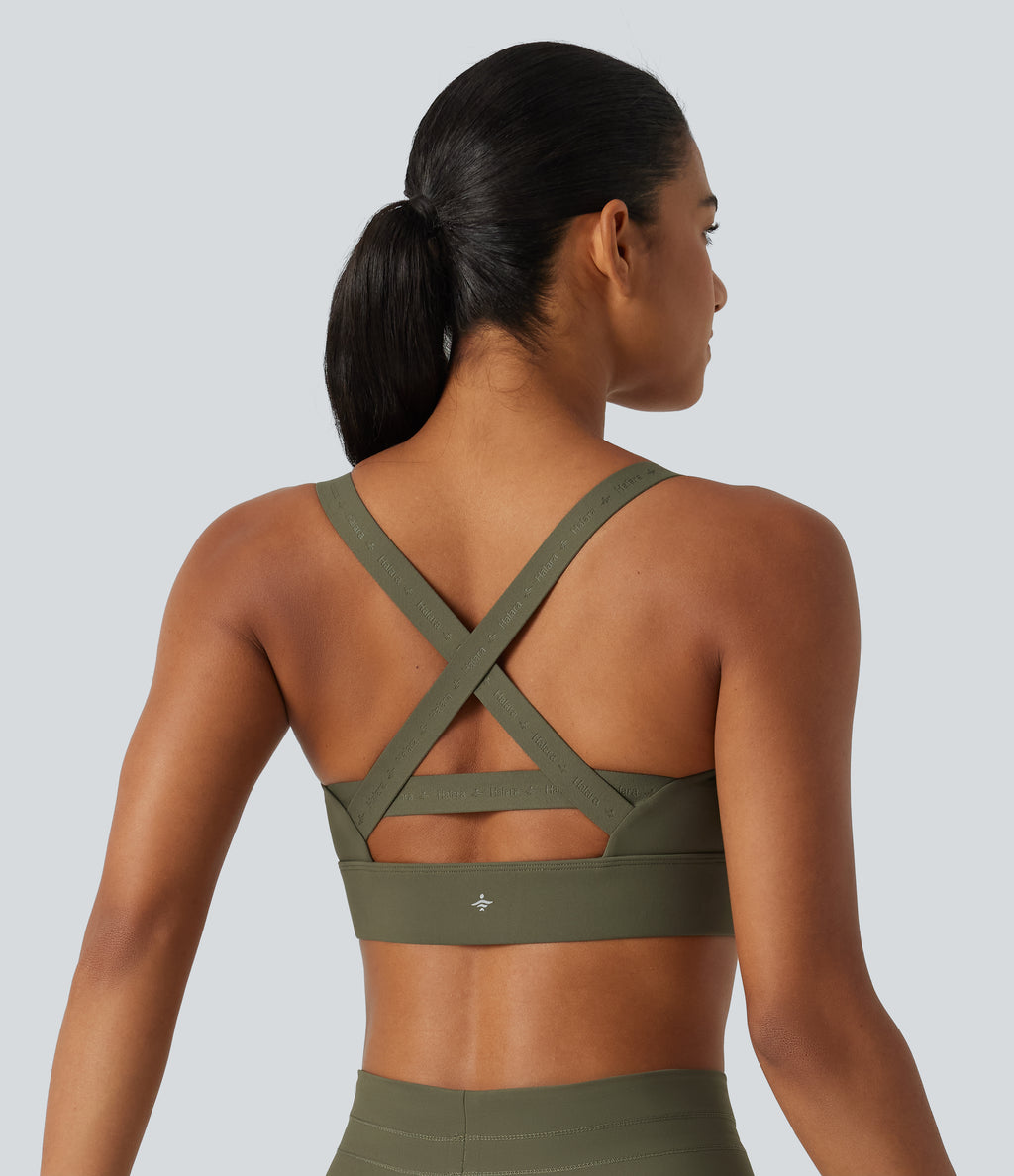 Medium Support U-Neck Built-in Bra Quick dry Running Sports Bra — Grass Grey Green — view 4