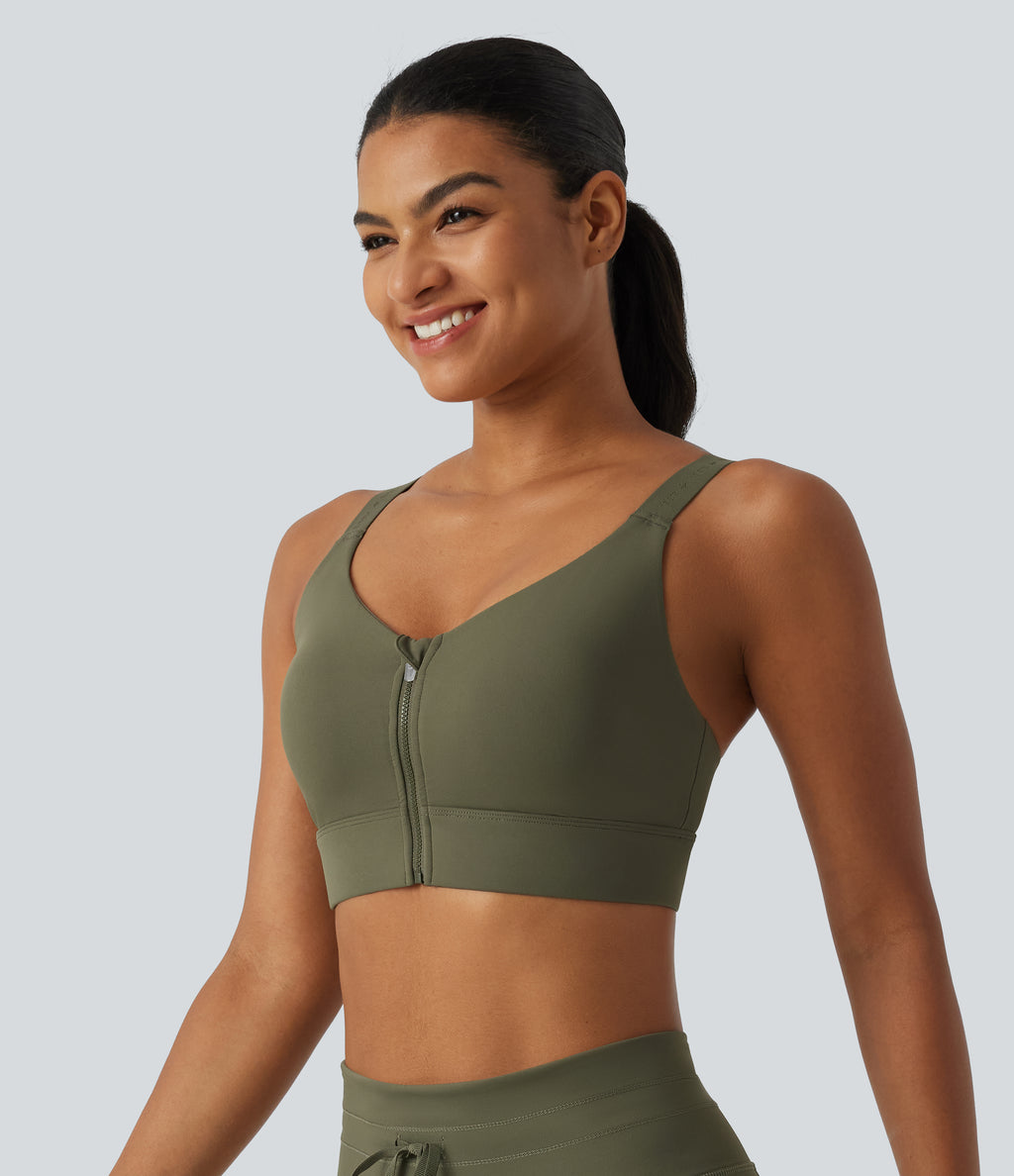 Medium Support U-Neck Built-in Bra Quick dry Running Sports Bra — Grass Grey Green — view 3