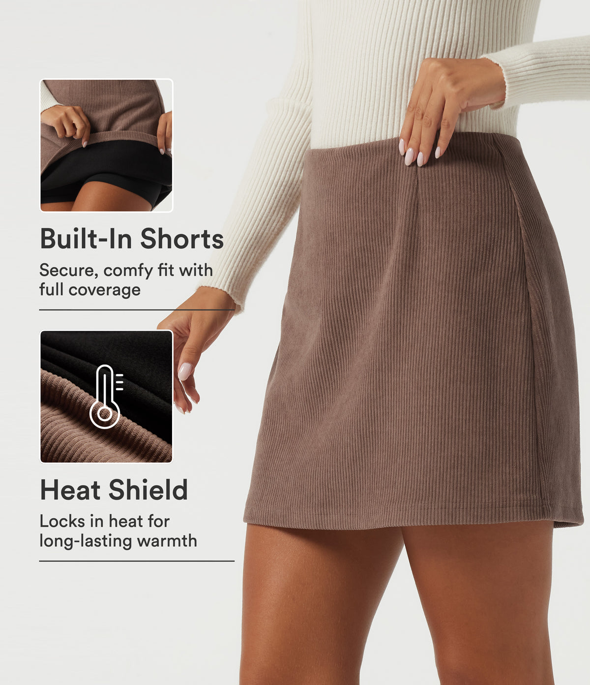 High Waisted A-Line Corduroy Casual Mini Skirt with Built-in Shorts — Coca Mocha — view 1