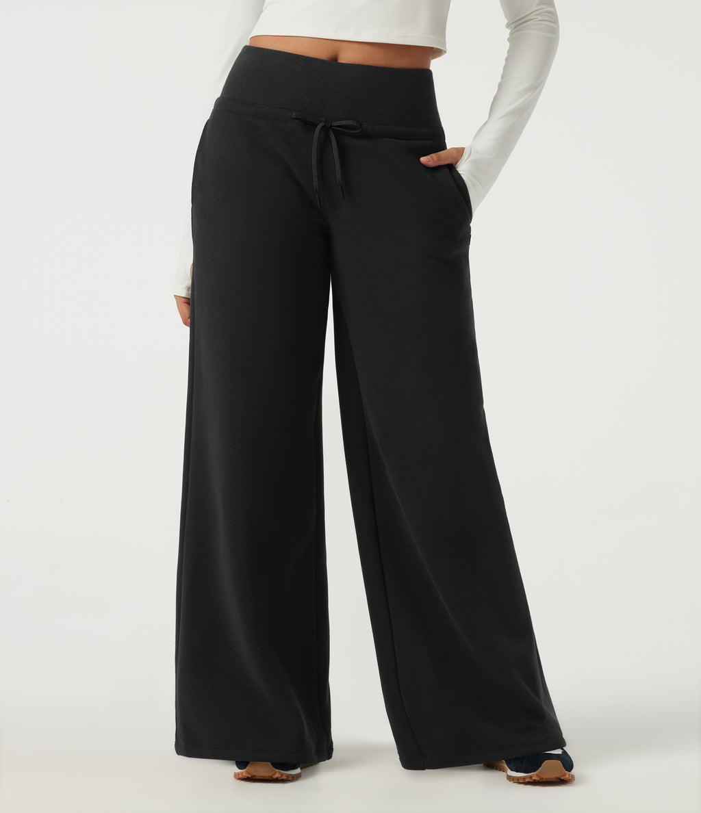 Mid Rise Drawstring Wide Leg Casual Sweatpants with Pockets — Black — view 8
