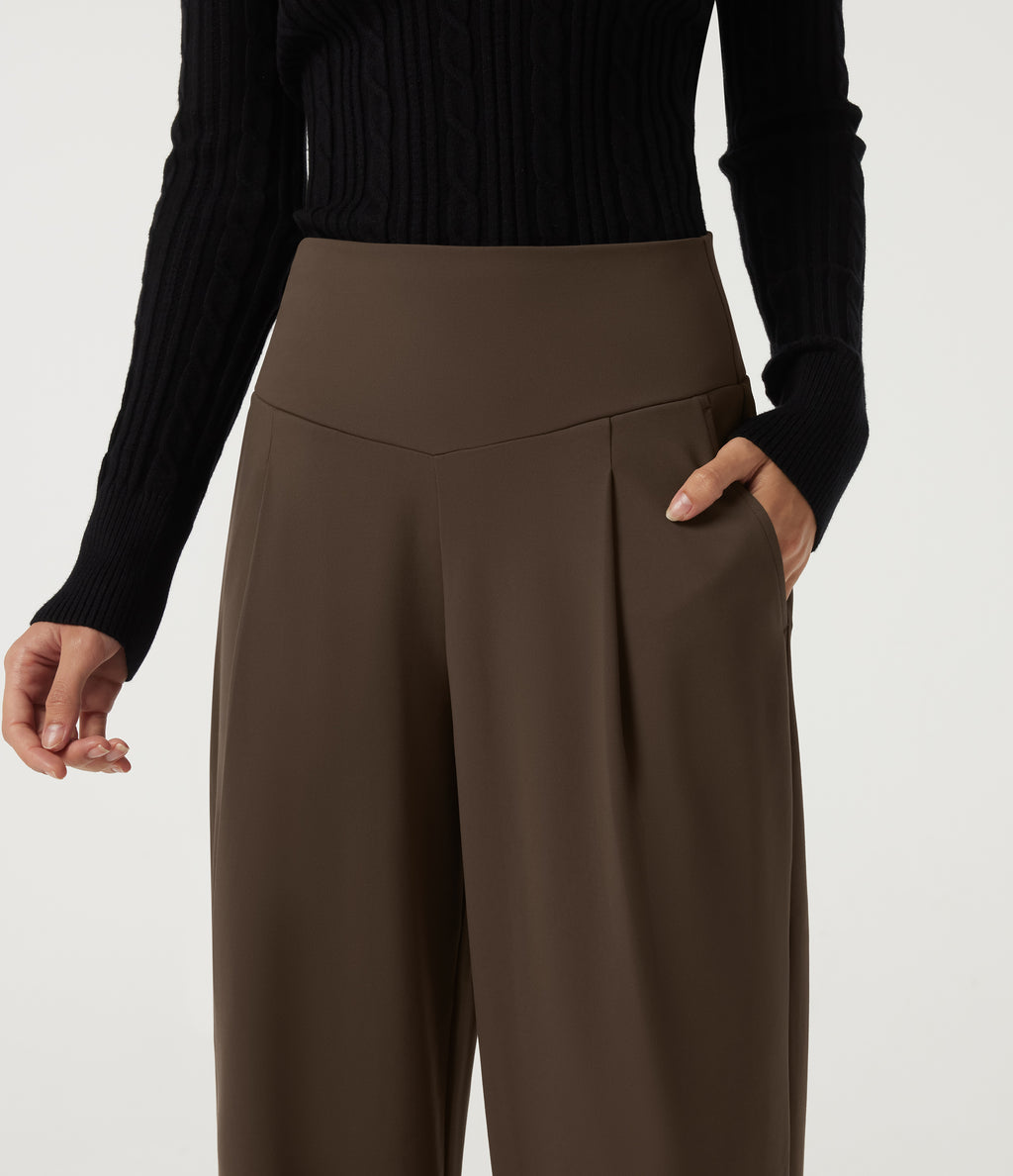 High Waisted Wide Leg Work Trousers with Pockets — Chocolate Martini — view 4