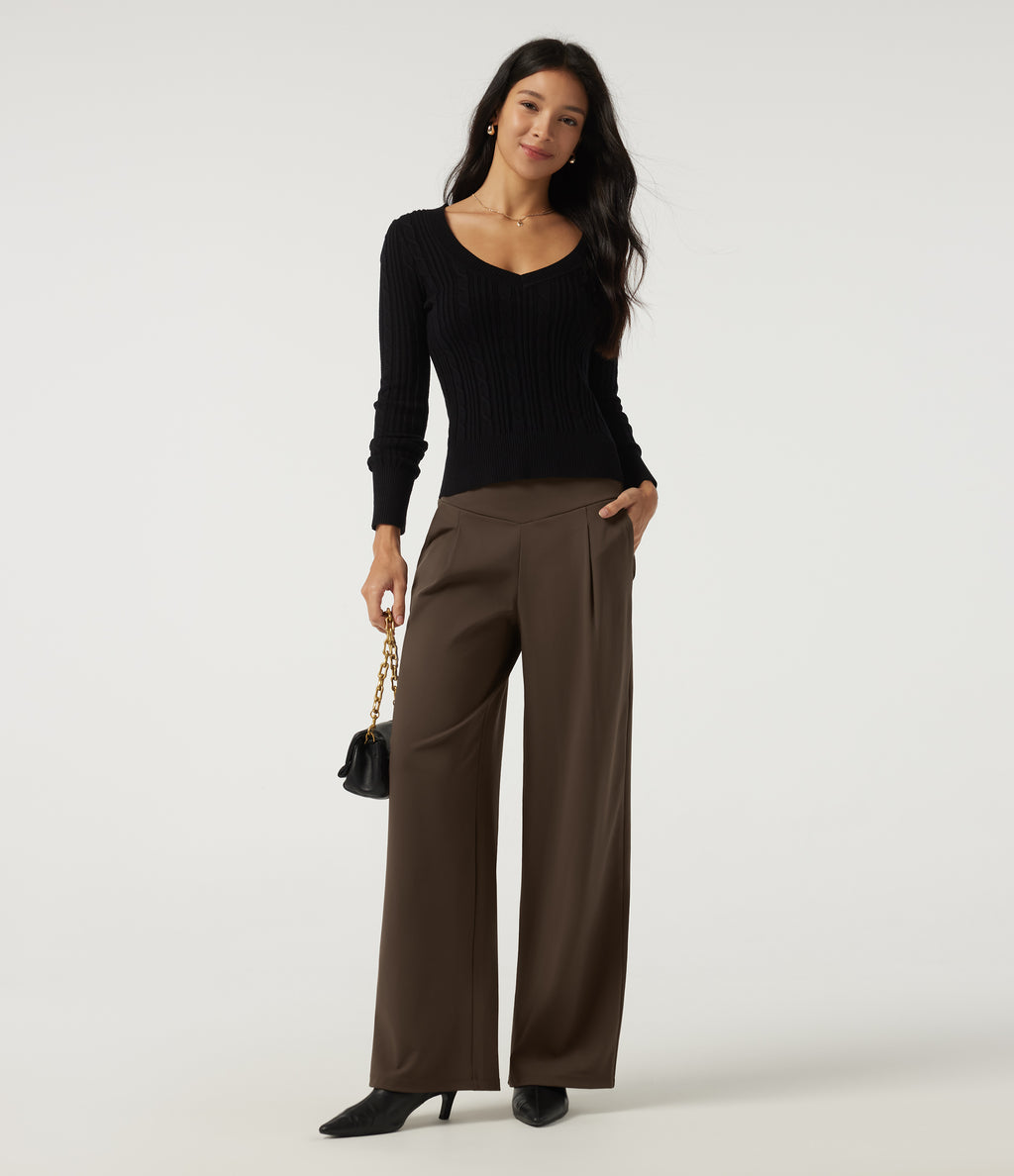 High Waisted Wide Leg Work Trousers with Pockets — Chocolate Martini — view 7