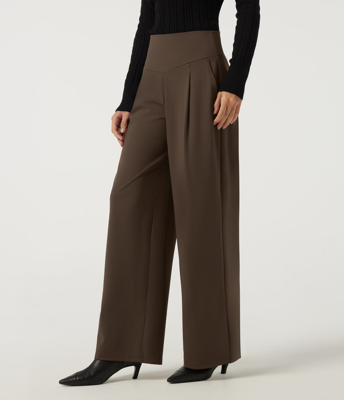 High Waisted Wide Leg Work Trousers with Pockets — Chocolate Martini — view 3