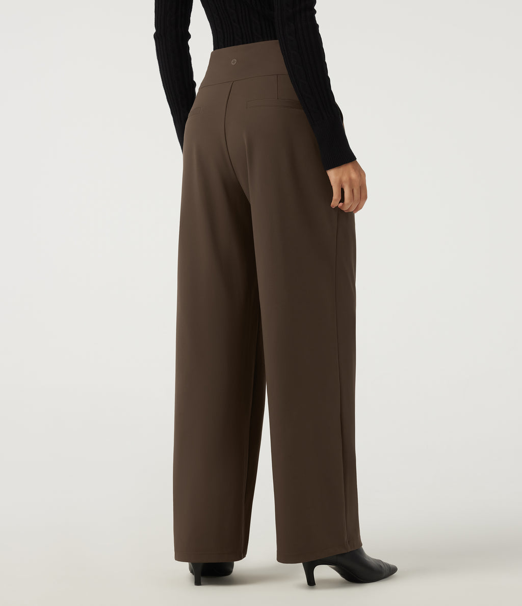 High Waisted Wide Leg Work Trousers with Pockets — Chocolate Martini — view 2