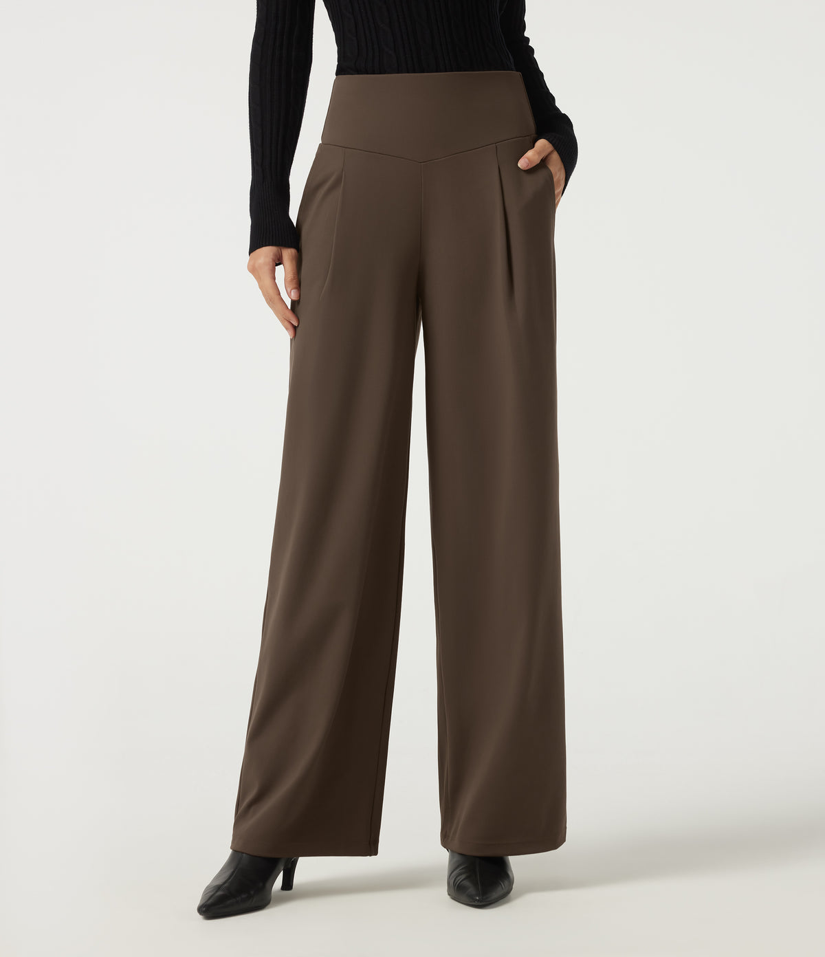 High Waisted Wide Leg Work Trousers with Pockets — Chocolate Martini — view 1