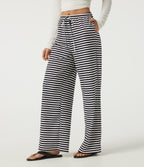 Mid Rise Drawstring Baggy Stripe Waffle Lounge Trousers with Pockets — Black White Horizontal Stripe — view 3