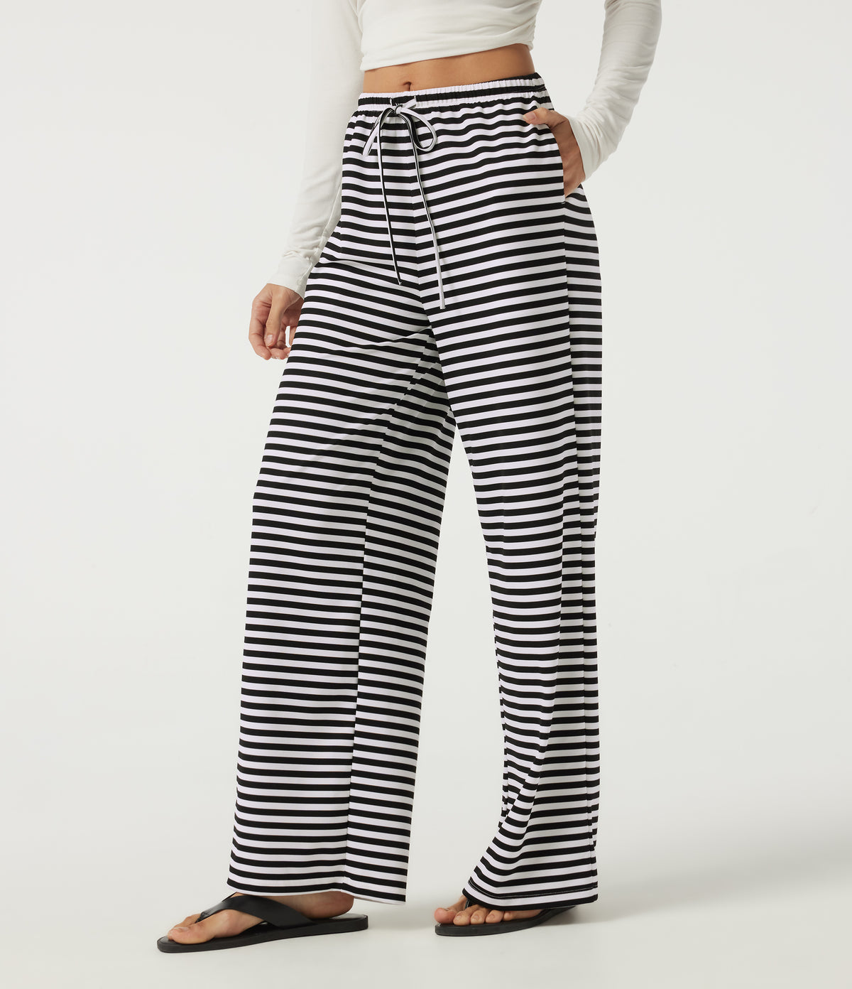 Mid Rise Drawstring Baggy Stripe Waffle Lounge Trousers with Pockets — Black White Horizontal Stripe — view 3