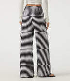 Mid Rise Drawstring Baggy Stripe Waffle Lounge Trousers with Pockets — Black White Horizontal Stripe — view 2