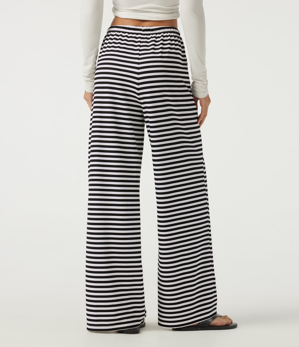 Mid Rise Drawstring Baggy Stripe Waffle Lounge Trousers with Pockets — Black White Horizontal Stripe — view 2