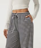 Mid Rise Drawstring Baggy Stripe Waffle Lounge Trousers with Pockets — Black White Horizontal Stripe — view 4