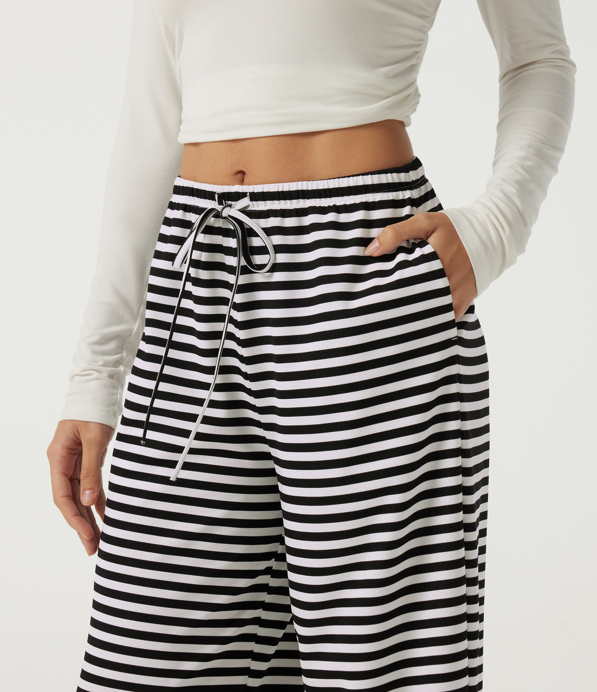 Mid Rise Drawstring Baggy Stripe Waffle Lounge Trousers with Pockets — Black White Horizontal Stripe — view 4