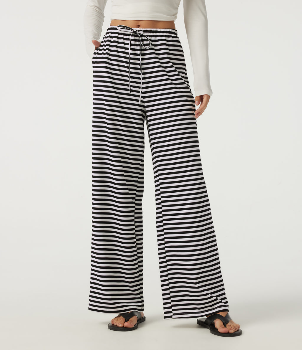 Mid Rise Drawstring Baggy Stripe Waffle Lounge Trousers with Pockets — Black White Horizontal Stripe — view 1