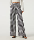 Mid Rise Drawstring Baggy Stripe Waffle Lounge Trousers with Pockets — Black White Horizontal Stripe — view 1