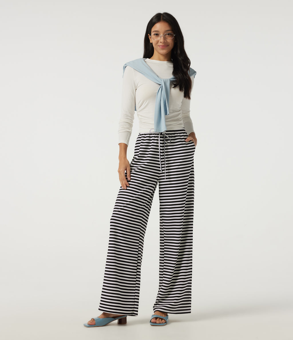 Mid Rise Drawstring Baggy Stripe Waffle Lounge Trousers with Pockets — Black White Horizontal Stripe — view 7