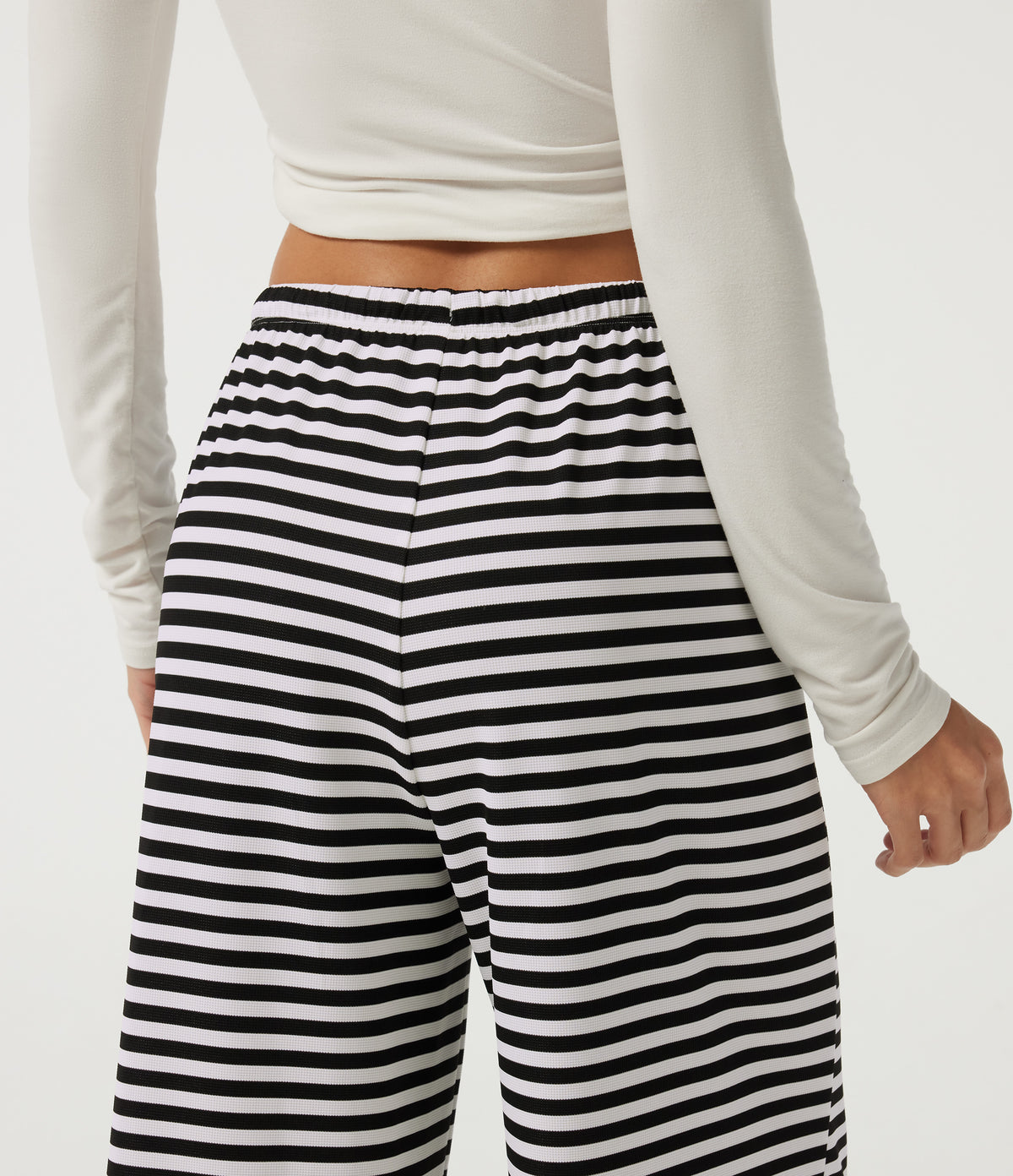 Mid Rise Drawstring Baggy Stripe Waffle Lounge Trousers with Pockets — Black White Horizontal Stripe — view 5