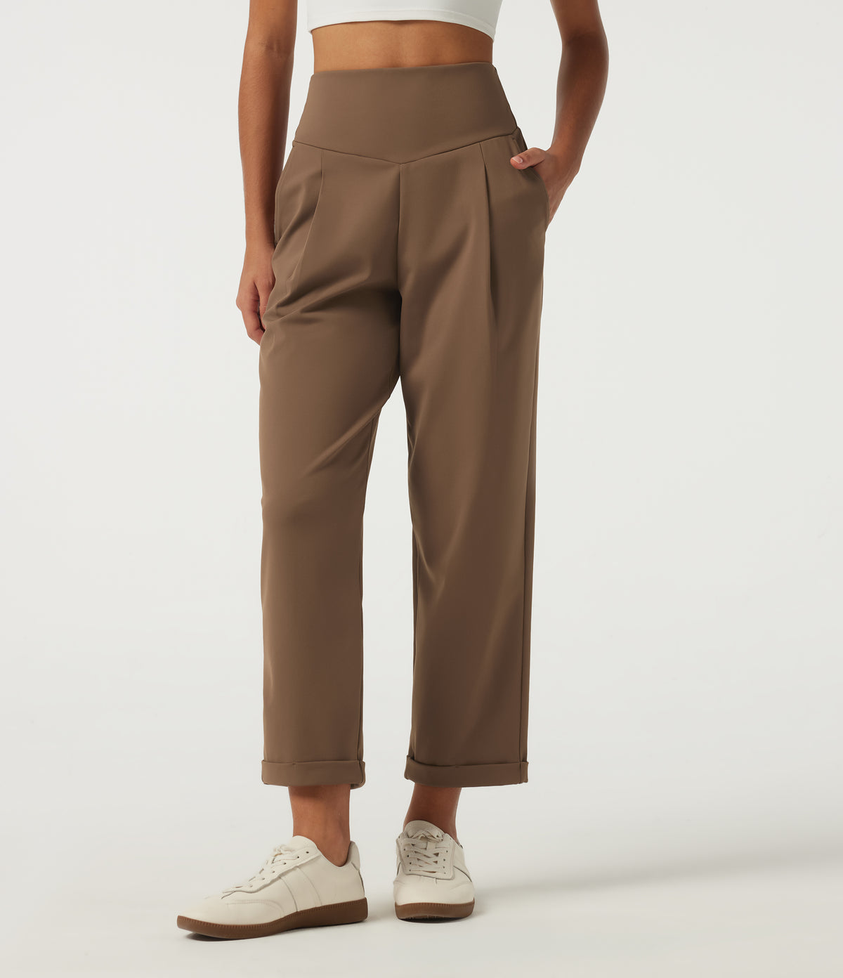 High Waisted Tapered Rolled Hem Work Trousers with Pockets — Sepia — view 1