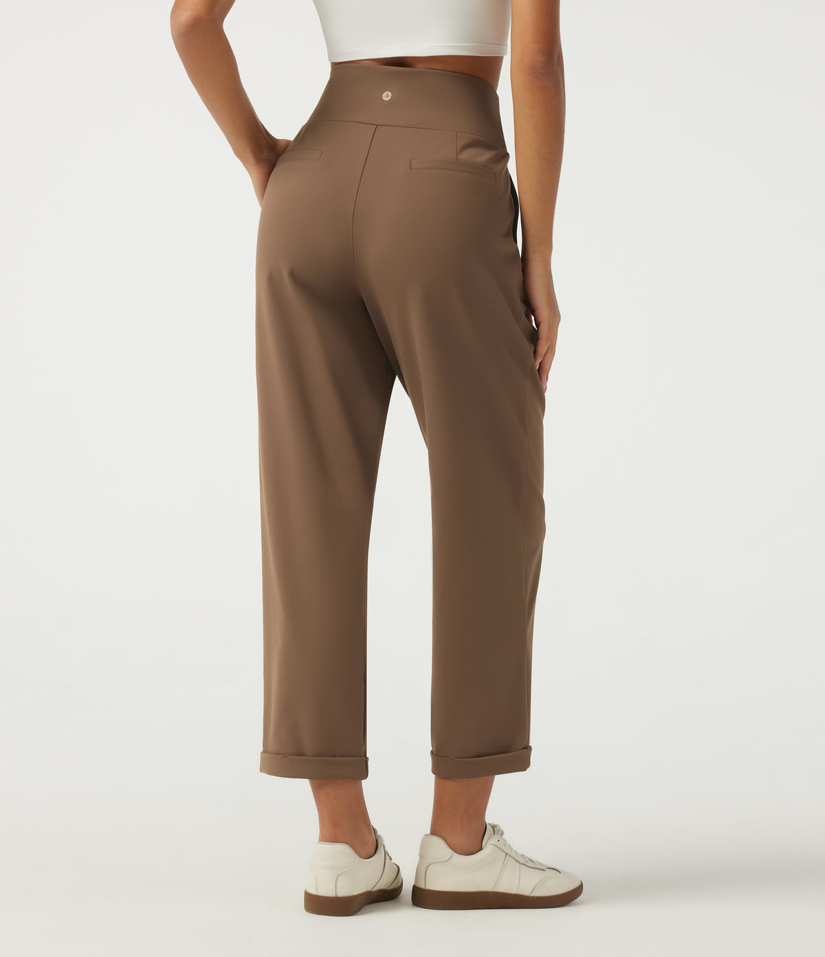 High Waisted Tapered Rolled Hem Work Trousers with Pockets — Sepia — view 2