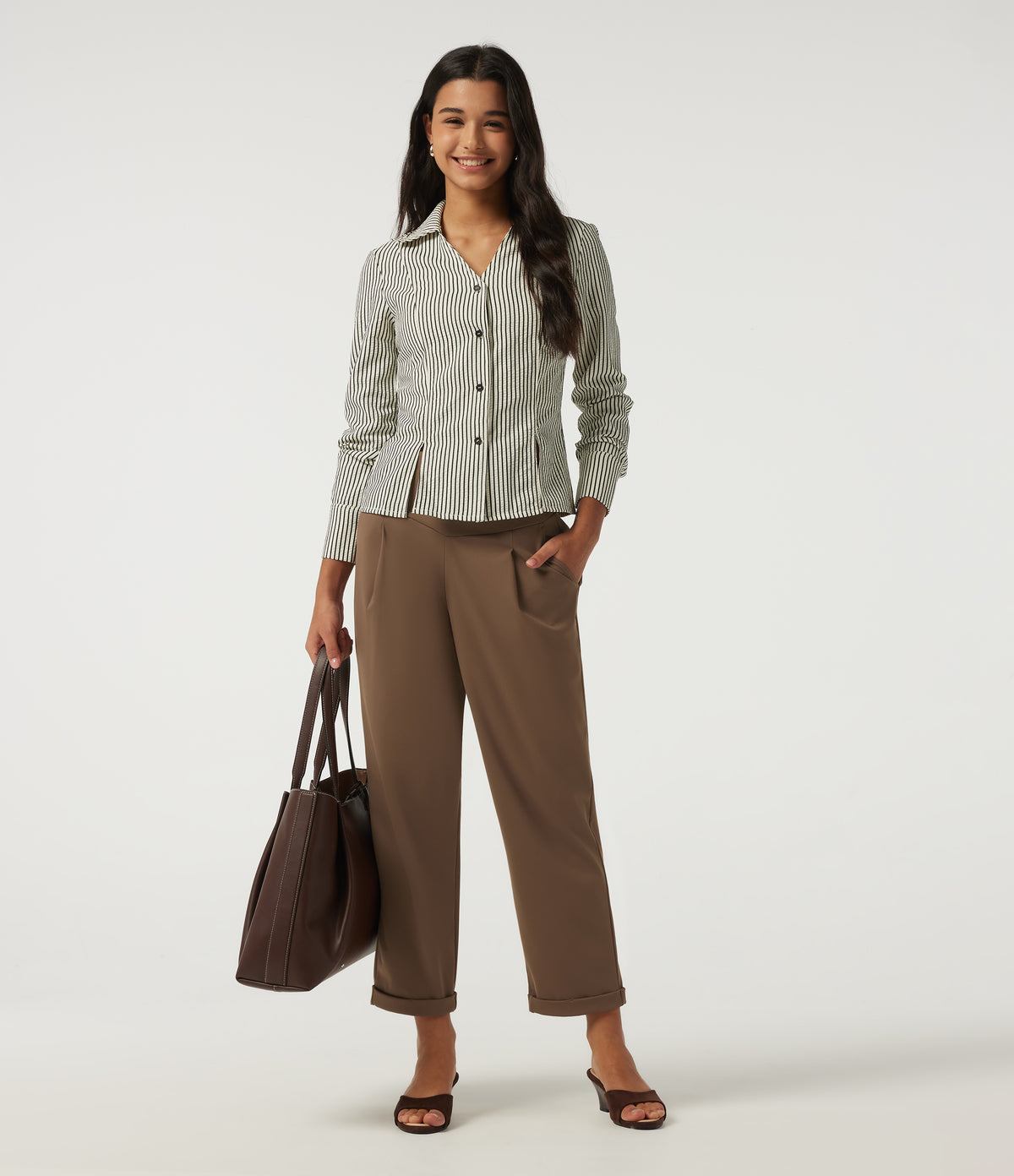 High Waisted Tapered Rolled Hem Work Trousers with Pockets — Sepia — view 7