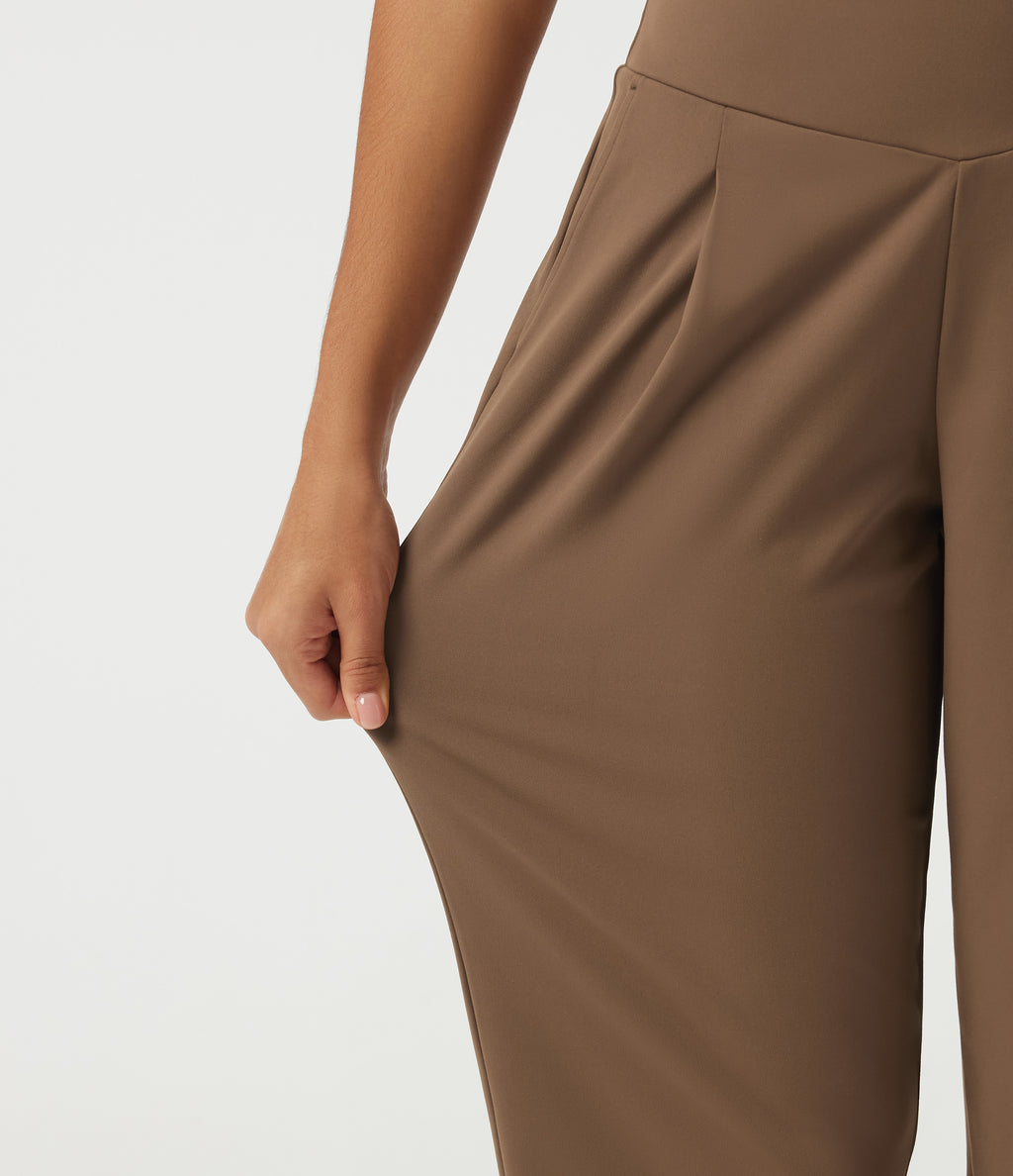High Waisted Tapered Rolled Hem Work Trousers with Pockets — Sepia — view 6