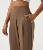 High Waisted Tapered Rolled Hem Work Trousers with Pockets — Sepia — view 5