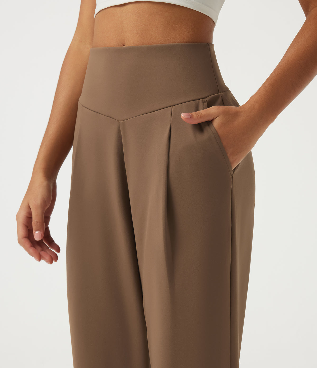 High Waisted Tapered Rolled Hem Work Trousers with Pockets — Sepia — view 5