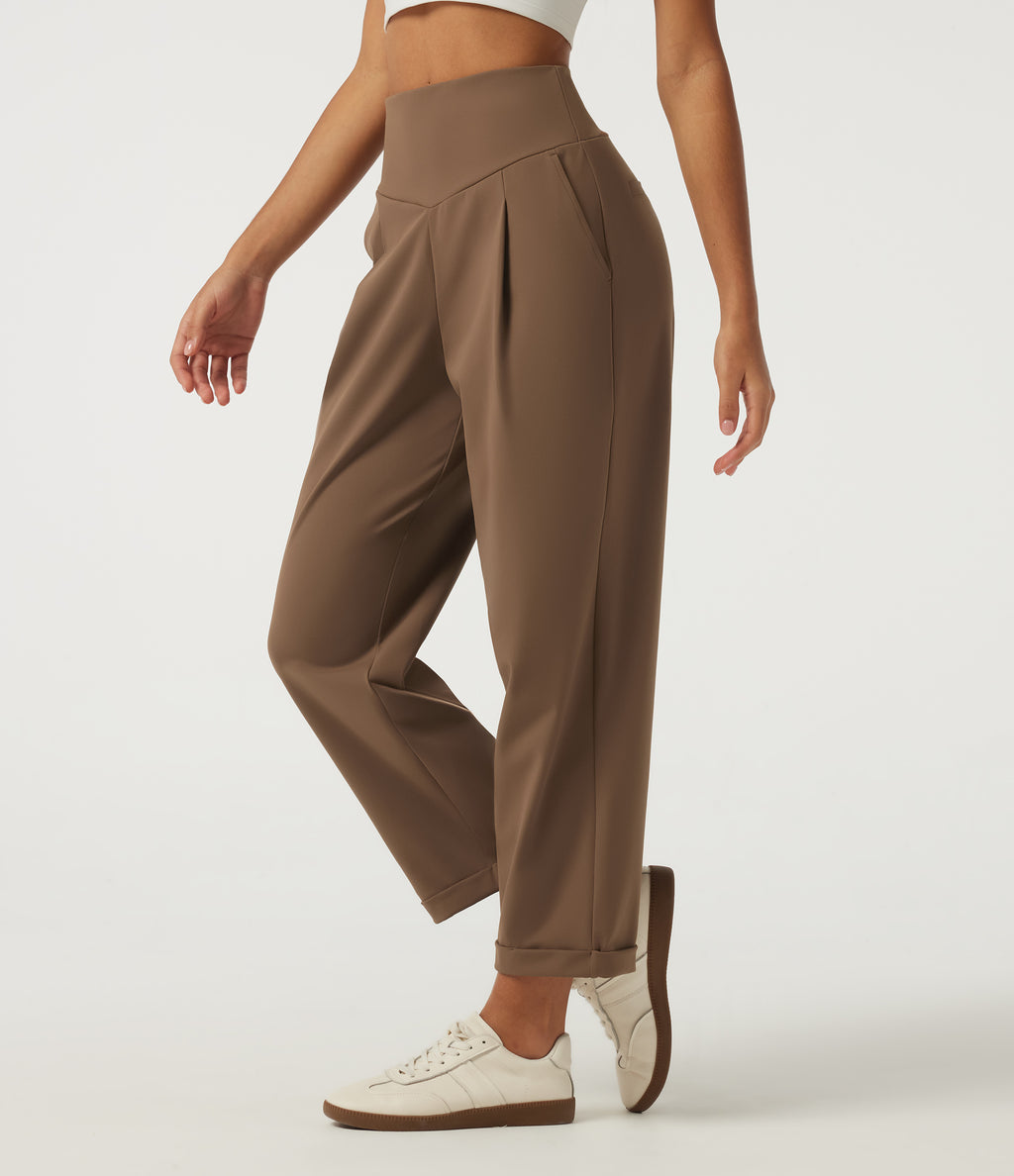 High Waisted Tapered Rolled Hem Work Trousers with Pockets — Sepia — view 3