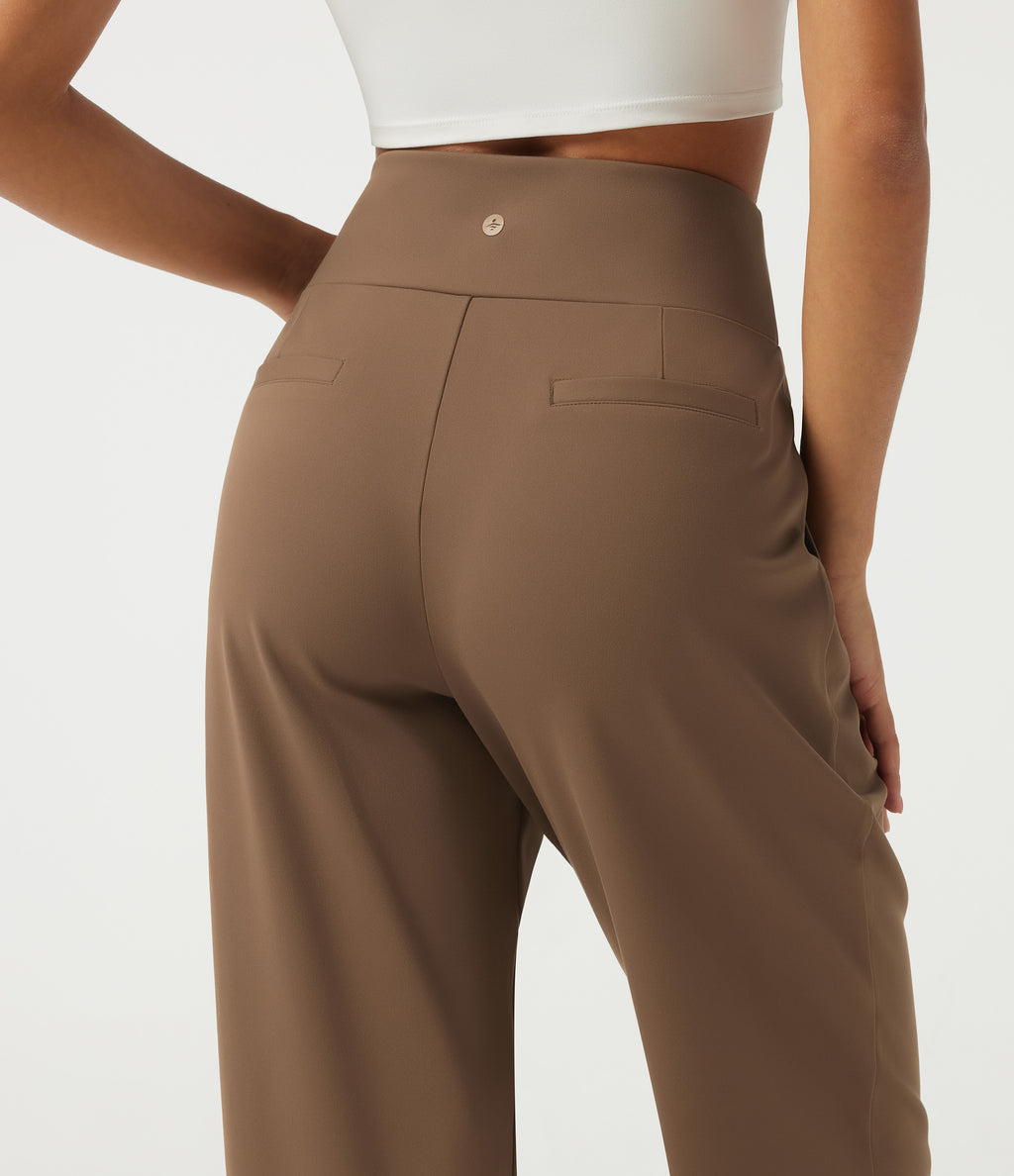 High Waisted Tapered Rolled Hem Work Trousers with Pockets — Sepia — view 4