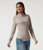 Ribbed Mock Neck Long Sleeve Asymmetric Slim Casual Top — Oatstone Beige — view 3