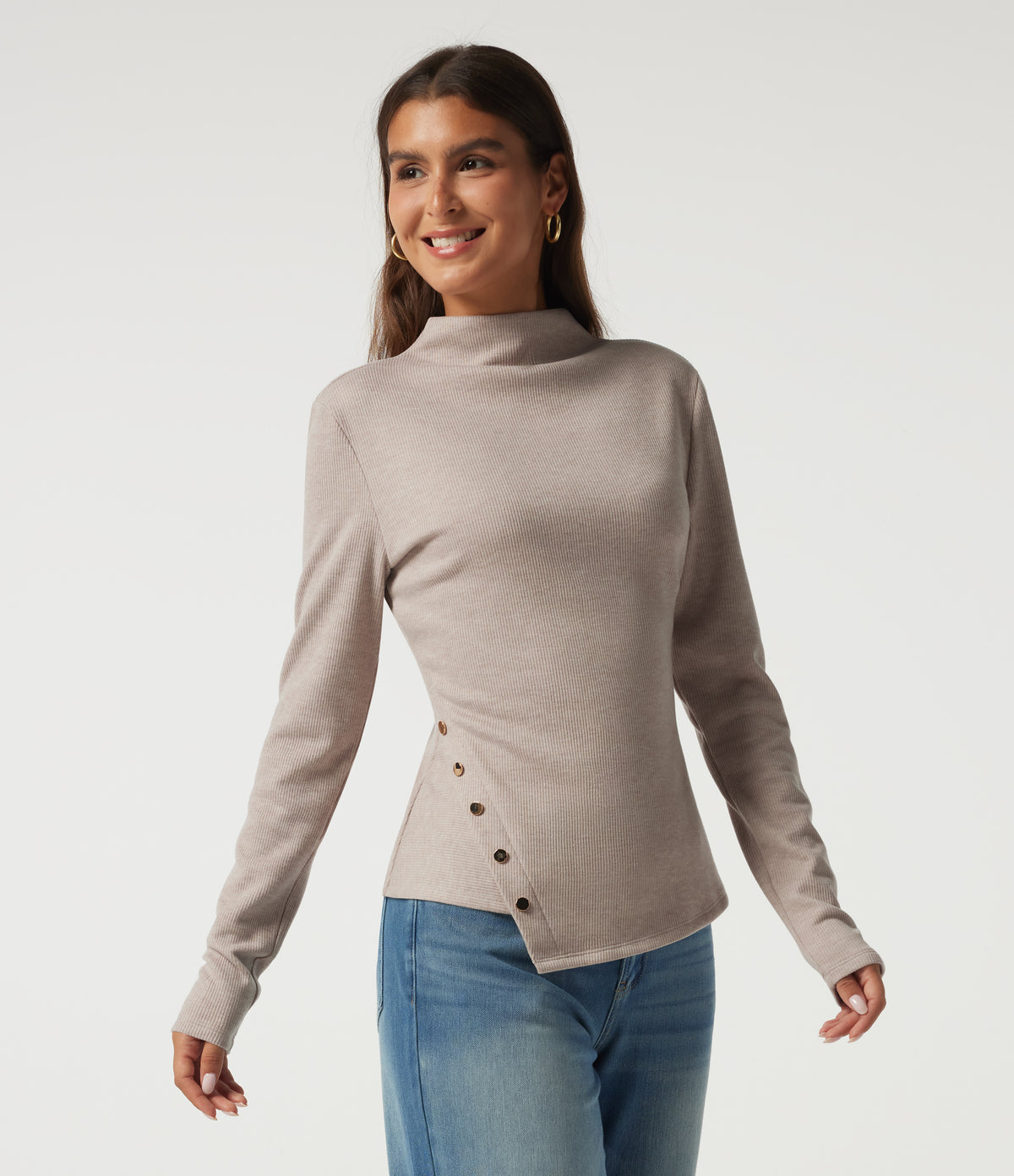 Ribbed Mock Neck Long Sleeve Asymmetric Slim Casual Top — Oatstone Beige — view 3