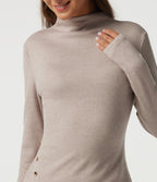 Ribbed Mock Neck Long Sleeve Asymmetric Slim Casual Top — Oatstone Beige — view 5
