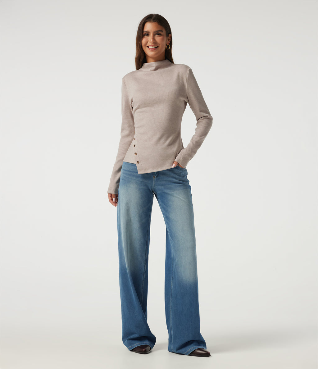 Ribbed Mock Neck Long Sleeve Asymmetric Slim Casual Top — Oatstone Beige — view 7