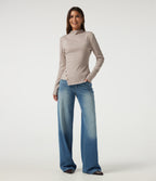 Ribbed Mock Neck Long Sleeve Asymmetric Slim Casual Top — Oatstone Beige — view 7