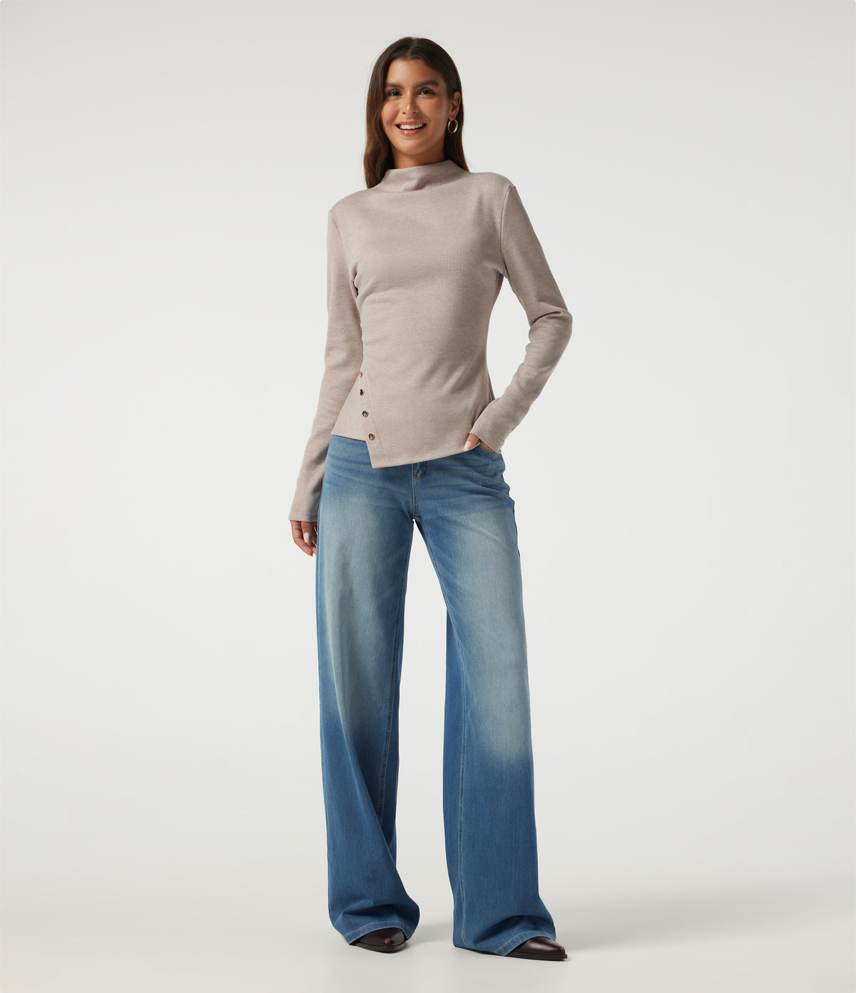 Ribbed Mock Neck Long Sleeve Asymmetric Slim Casual Top — Oatstone Beige — view 7