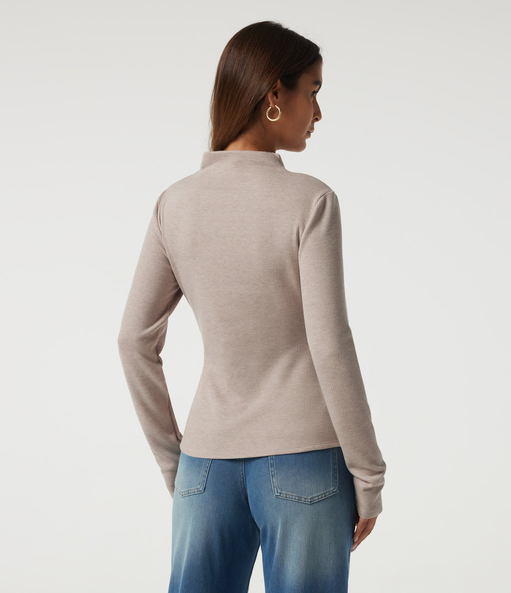 Ribbed Mock Neck Long Sleeve Asymmetric Slim Casual Top — Oatstone Beige — view 2